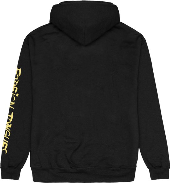 Zwarte hoodie met gele tekst "FOREIGN TONGUES" op de linkermouw.