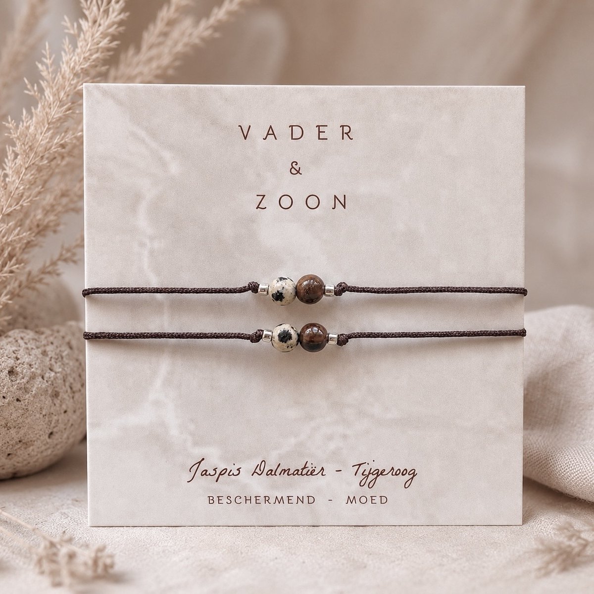 Armbandje edelstenen met Kaartje - Vader en Zoon - Jaspis Dalmatiër Tijgeroog - Bescherming Moed - Cadeautip - Vaderdag