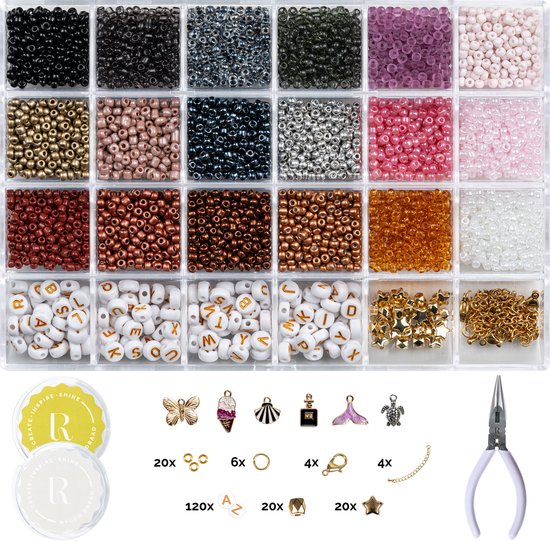 Richly® Kralen set Luxe - gratis E-BOOK & Instructieboekje - Complete set & Premium verpakking - 4500+ kralen - 6 Bedels & Gouden RVS-accessoires - Armbandjes maken meisjes - Sieraden Maken - Goud & Herfstkleuren - Letterkralen - Kralenketting