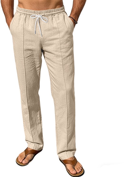 Beige linnenlook broek met trekkoord, weergave van de voorkant met de broek aan.