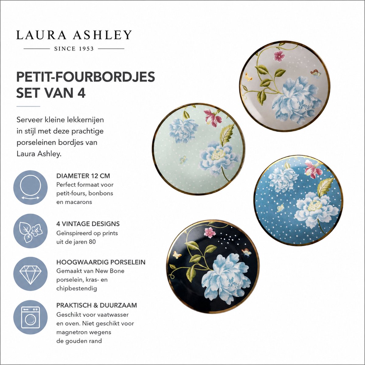 Laura Ashley Giftset 4 Petit Four bordjes - 12 cm Assorti - Gouden rand