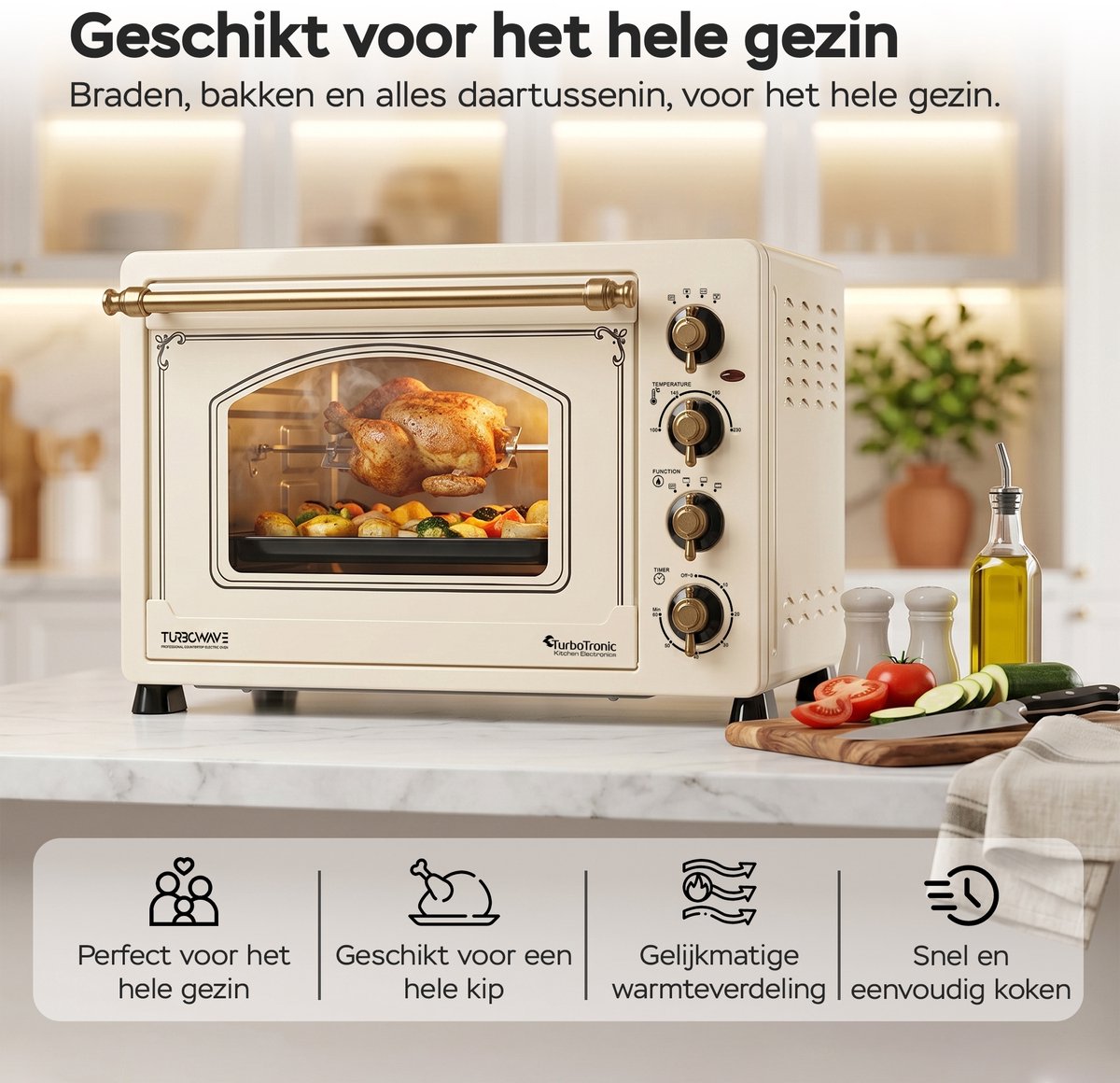 TurboTronic R45 Vrijstaande Oven – Retro Stijl – 45 Liter Mini Oven – 2000W – Inclusief Draaispit en Bakplaten – Beige – foto 4
