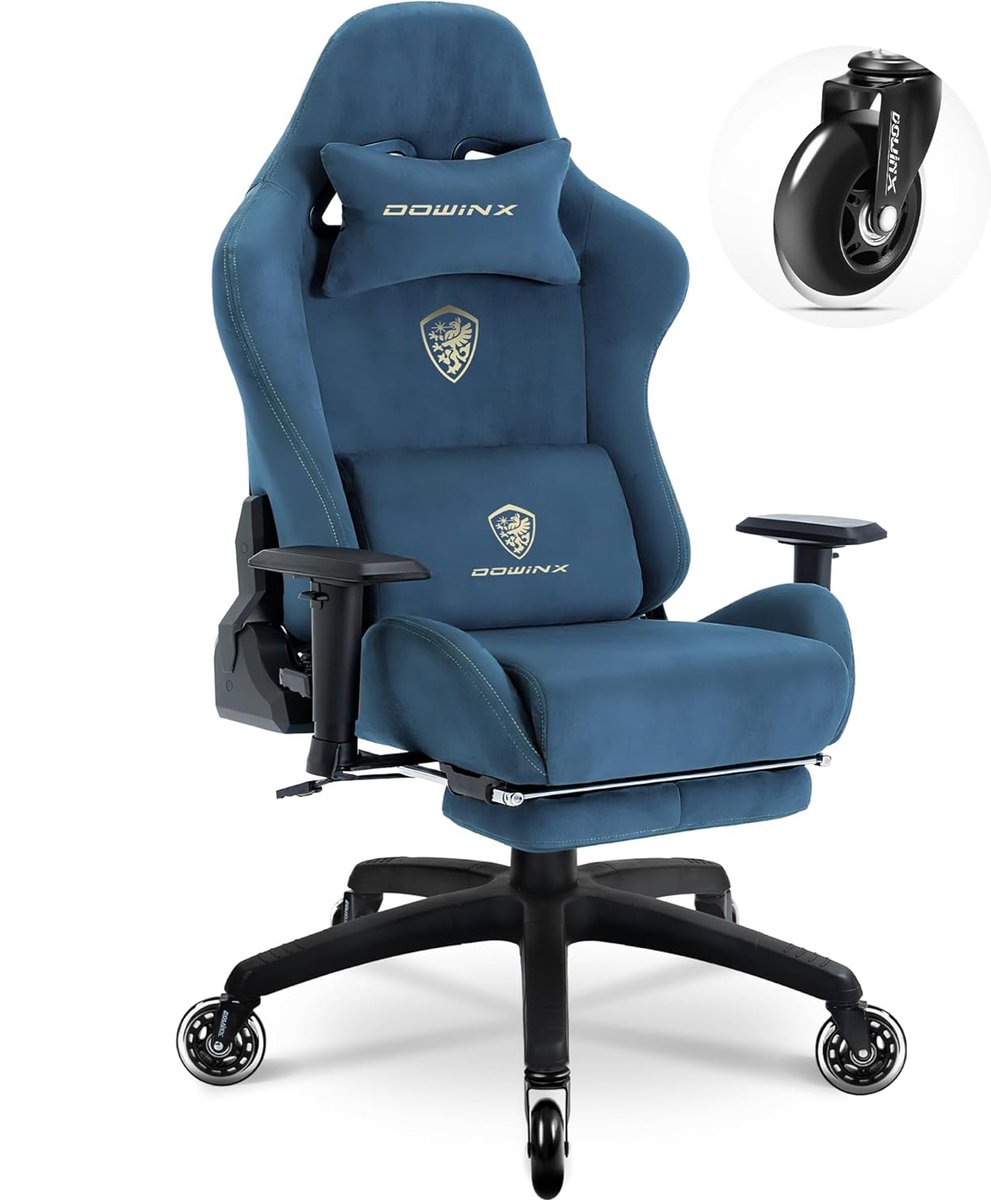 Dowinx - Ergonomisch - Gamingstoel - Standaard - Massage, velours, voetensteun, 160° - Blauw