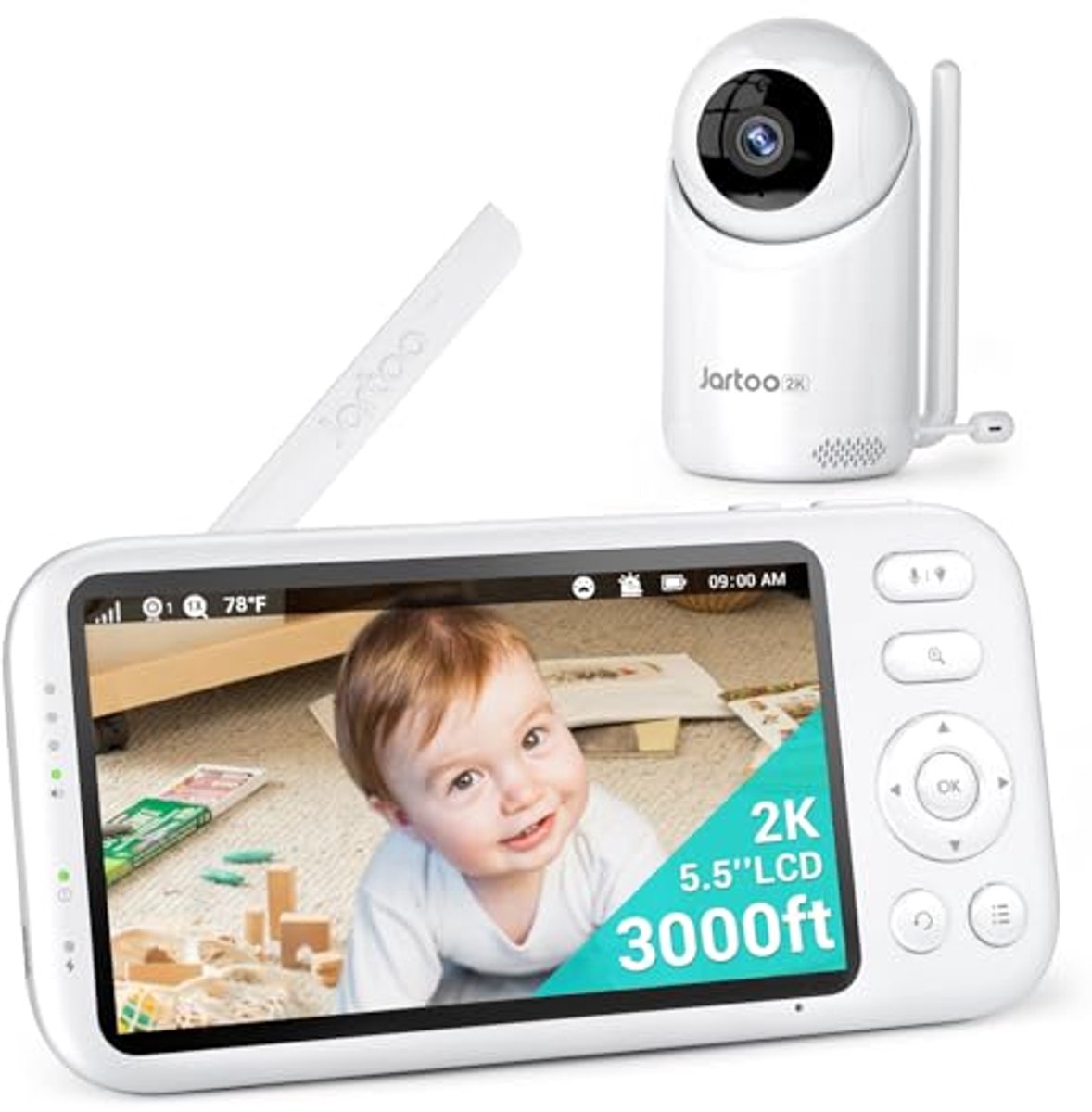 Videobabyfoon met Camera - Babycamera Draadloos - Baby Bewaken - 914m Bereik No WiFi - 5.5 Inch Scherm - Wit