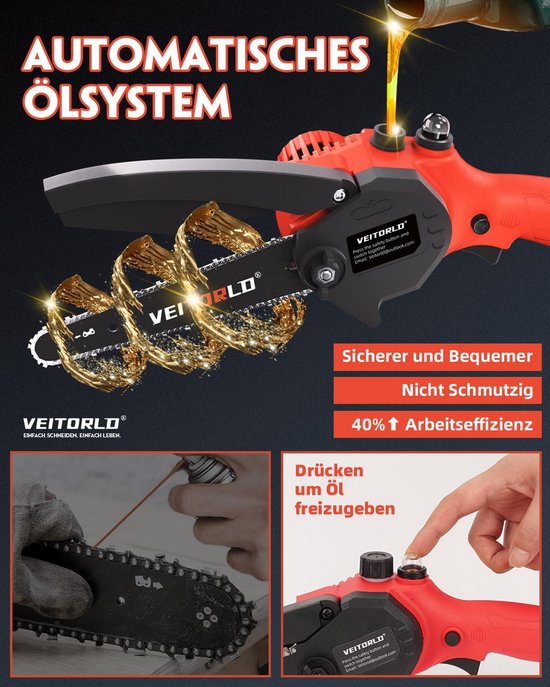 Accu Kettingzaag - Kleine Snoeizaag - Tuinonderhoud Snoeien - Automatisch Oliesysteem - 6 Inch - Rood — afbeelding 2