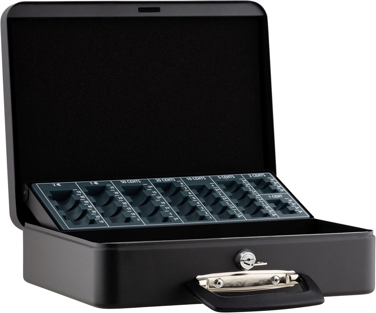 Metalen Geldkoffer - Opbergkistje - Veilig Opbergen - Inclusief Plank - 30 x 23 cm - Zwart