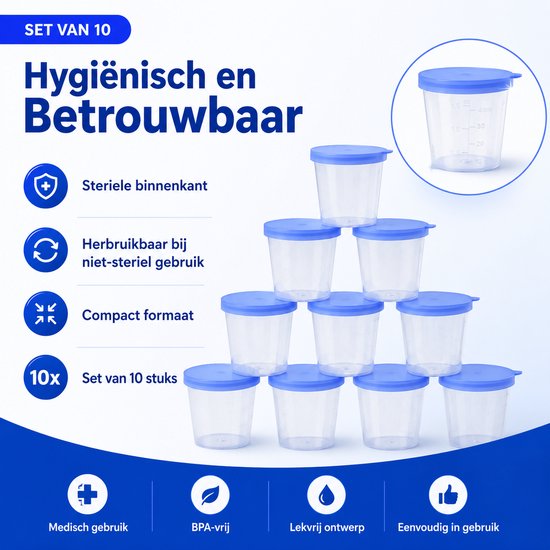 BukkitBow - Set van 10 Urinepotjes Steriel 40ml - Transparante Plas Containers - Anti Lek Herbruikbare Medische Bakjes van BukkitBow — afbeelding 4