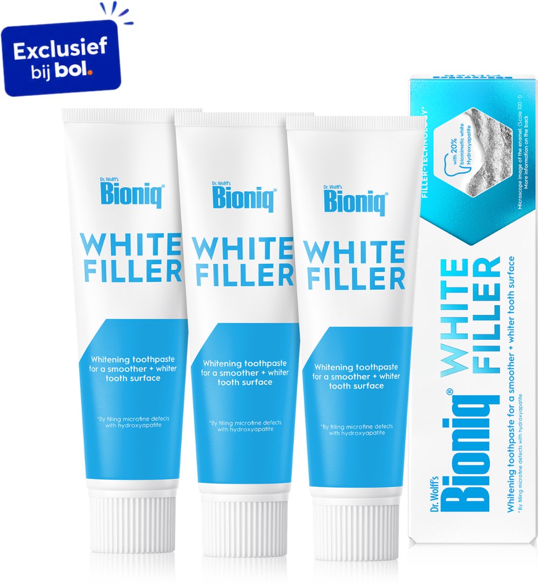 Bioniq White Filler tandpasta – Zachte whitening met 20% kunstmatig wit tandglazuur, hydroxyapatiet – beschermt & versterkt – fluoridevrij – 3x 100 ml