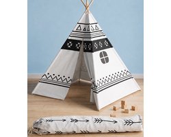 Tipi-tent van naturel katoen - ecru/wit met zwarte accenten - inclusief opberghoes - 120 x 120 x 145 cm