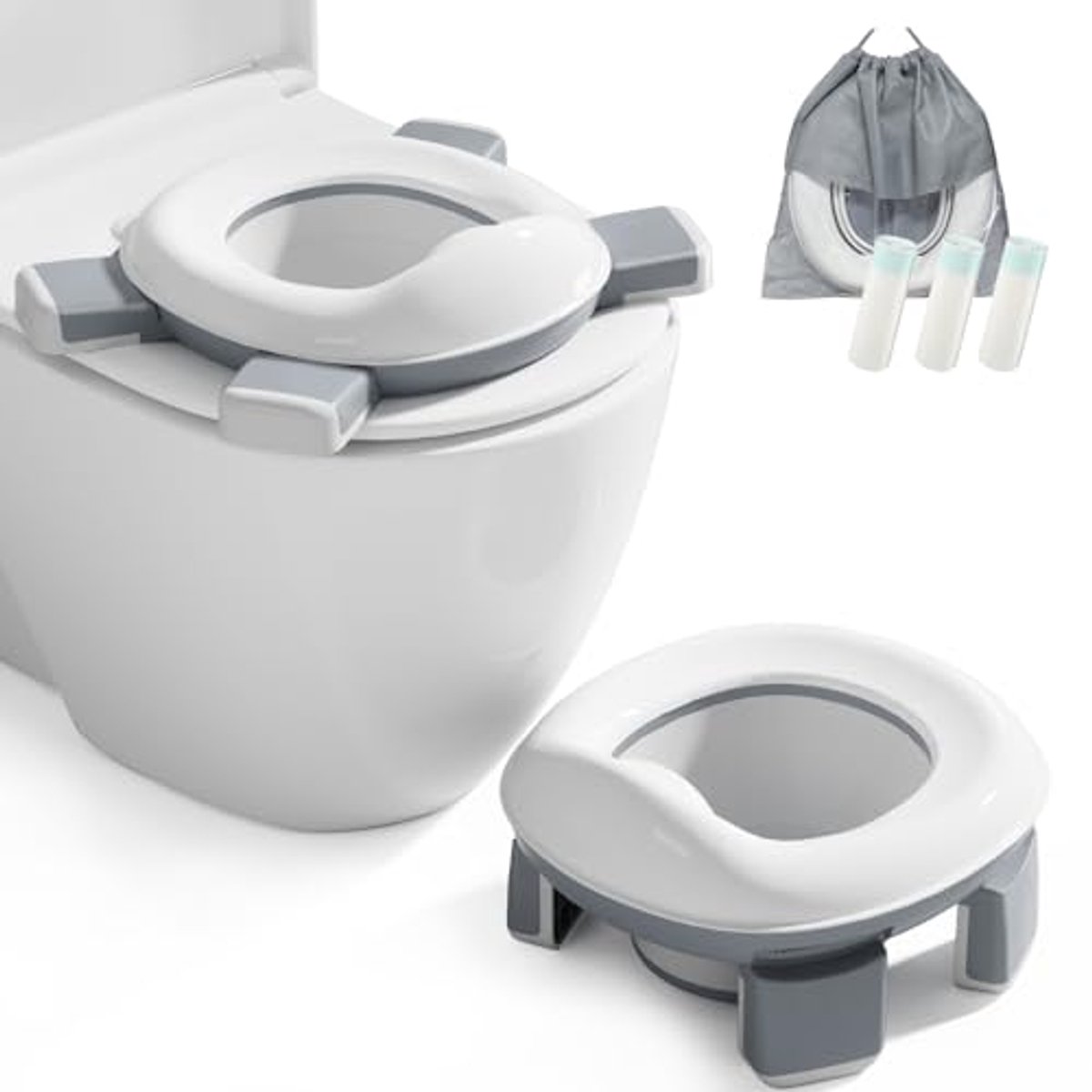 Reis Potje - Toilet Kinderen - Zindelijkheidstraining Ondersteunen - 2-in-1 Ontwerp - 60 Liners - Grijs
