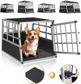 Een vrolijke corgi zit in een open aluminium hondentransportbox. Meerdere hoeken van de box worden getoond.