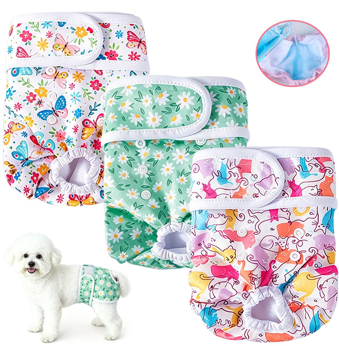 Sanitaire Broekjes voor Teefjes – 3-pack – XS (Taille: 20–35 cm) – Beschermbroekjes tegen lastigvallen voor teefjes – Veiligheidsbroekjes voor kleine rassen – Wasbare hondenluiers voor teefjes – Herbruikbaar sanitair ondergoed – Hondenluiers