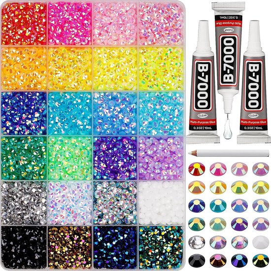 Verzamelbak met 24 kleuren strass steentjes, pincetten, wax pen en lijm.
