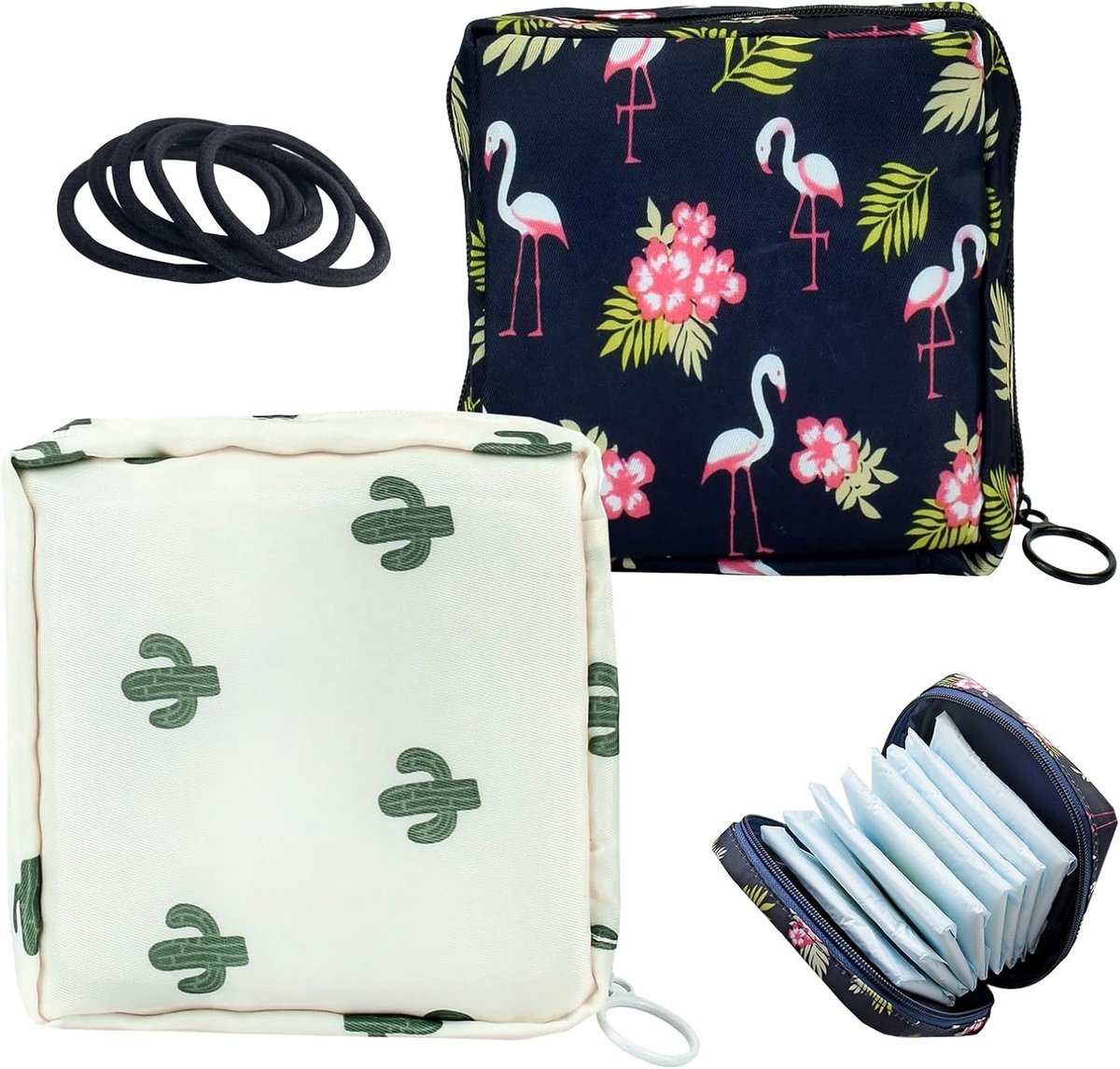 Opbergtasjes Maandverband - Periode Pouch - Privacy Beschermen - Grote Capaciteit - 2 Stuks - Cactus Flamingo