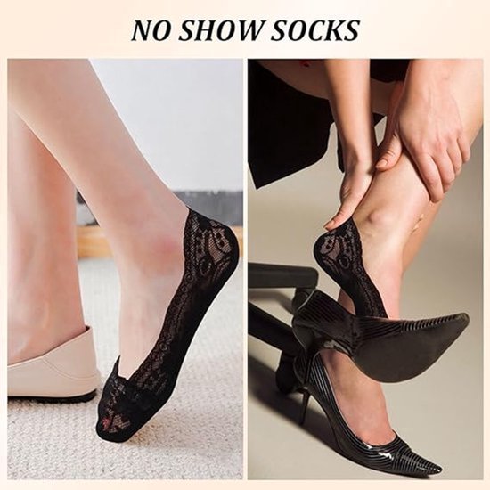 Vrouwen die zwarte kanten no-show sokken dragen met ballerina's en stiletto's. De sokken zijn bijna onzichtbaar.