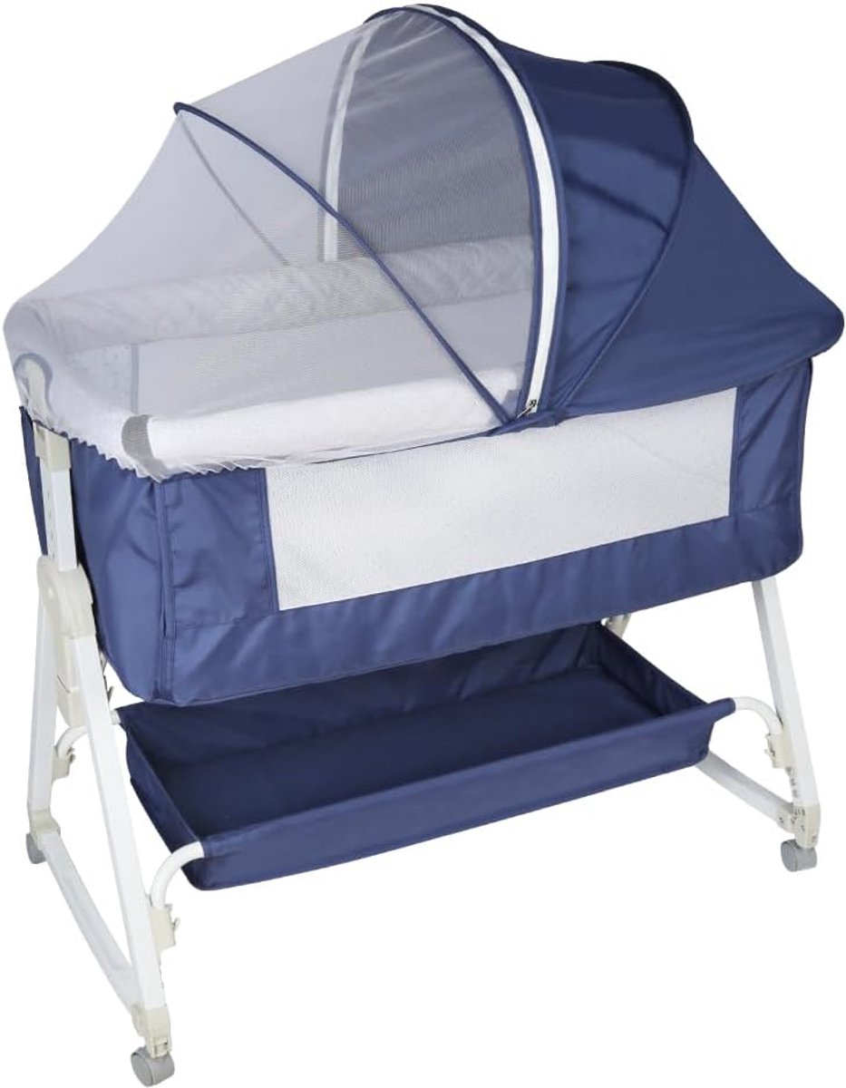 Baby bijzetbed - Aanschuifwieg reisbed - Veilig slapen - In hoogte verstelbaar - 92 x 52 cm - Marineblauw