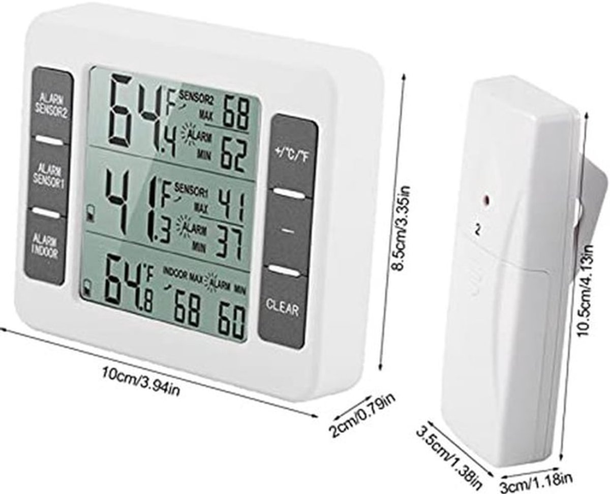 Temperatuurmeter, Koelkastthermometer, Buitenthermometer, Diepvriesthermometer met 2 Draadloze Sensoren met Akoestisch Alarm voor Binnen en Buiten, LCD-display