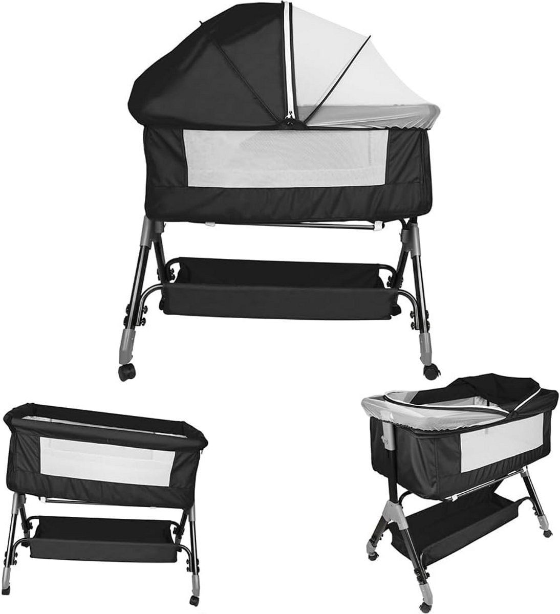Baby Bed - Bijzetbed Kinderbed - Veilig Slapen - Inklapbaar en Verstelbaar - 104 x 52 cm - Zwart