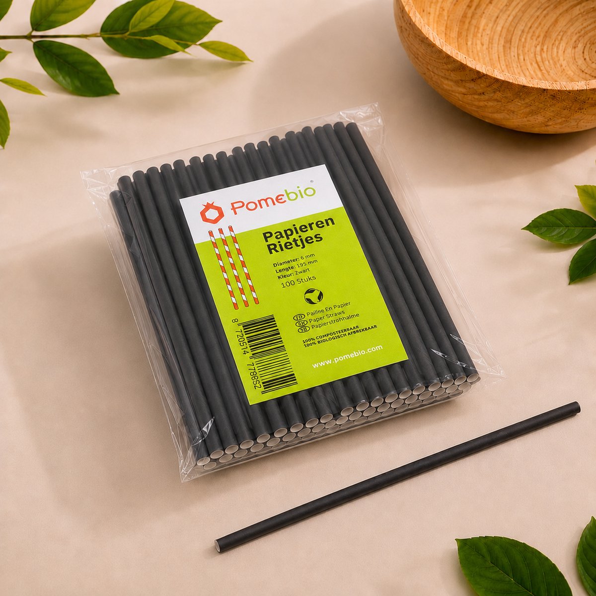 Pomebio papieren rietjes - zwart - 6x195 mm - 100 stuks