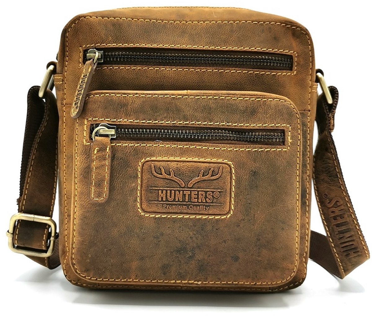 Hunters leren crossbody tas - bruin - Buffelleer - handig formaat - (bxhxd) ca. 18cm x 20cm x 6cm