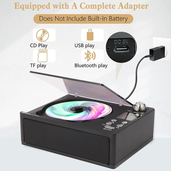 Draagbare cd-speler met afstandsbediening, oplaadbare batterij, USB/SD-ondersteuning, lcd-scherm, kleine compacte retro cd-speler, dubbel stereogeluid voor thuis en bu Buiten, zwart — afbeelding 3