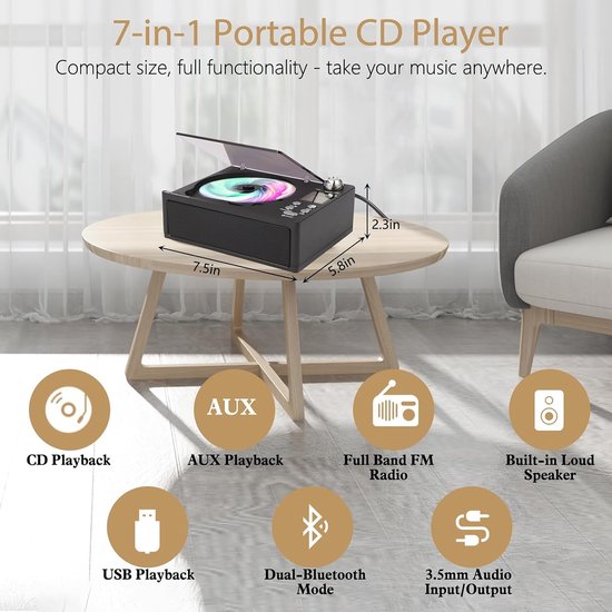 Draagbare cd-speler met afstandsbediening, oplaadbare batterij, USB/SD-ondersteuning, lcd-scherm, kleine compacte retro cd-speler, dubbel stereogeluid voor thuis en bu Buiten, zwart — afbeelding 5