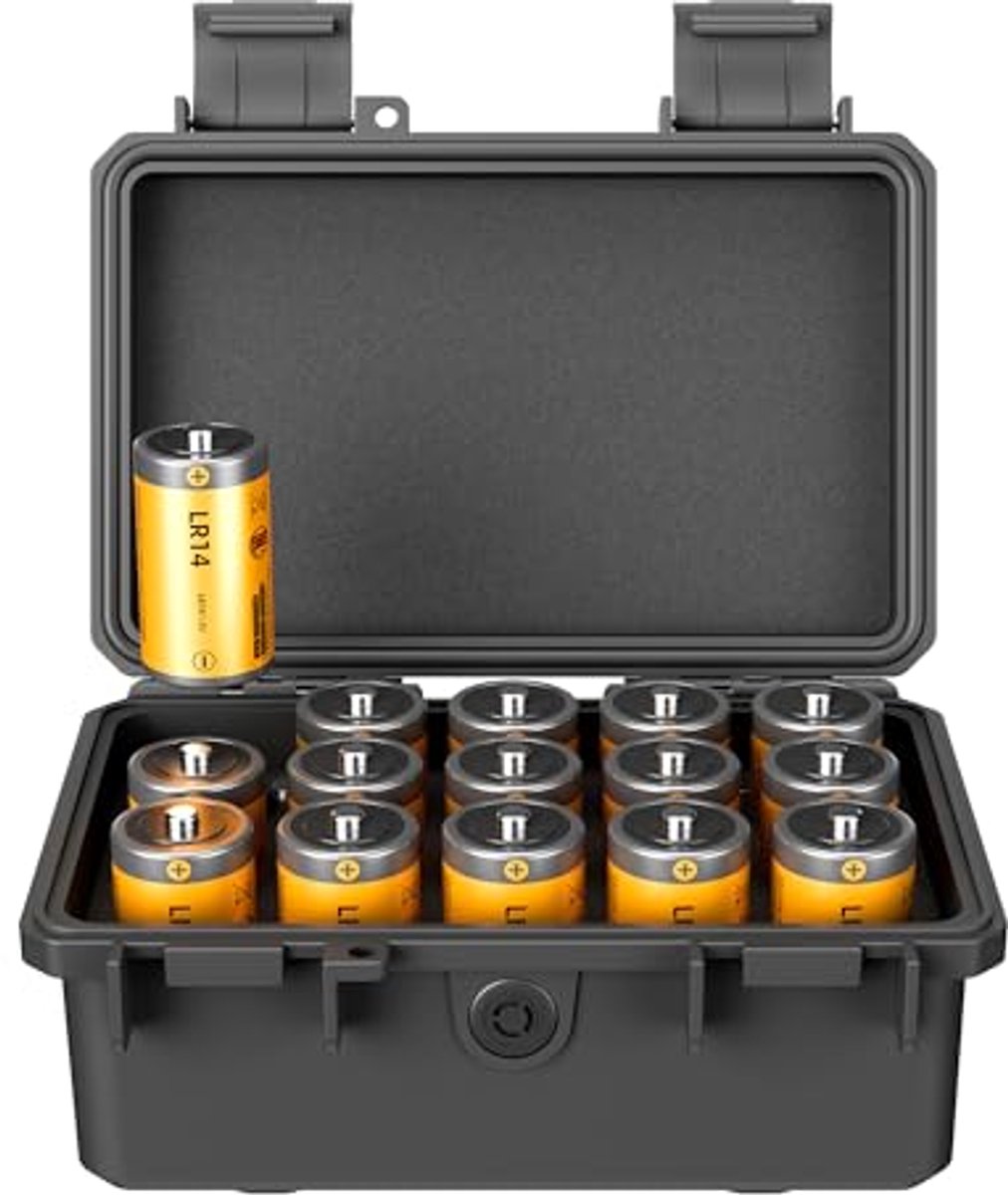 Batterij Organizer - Opbergkoffer C-batterij - Batterijen Opslaan - IP67 Waterdicht - 15 Sleuven - Zwart