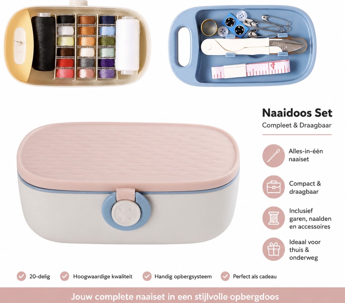 BSS® Naaidoos Opbergbox – Complete Draagbare Naaiset met Compartimenten en Naaibenodigdheden - Roze