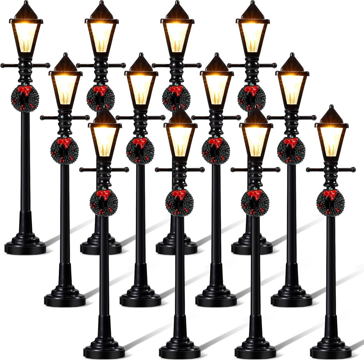 Miniatuur Straatlantaarns - Kerstdorp Verlichting - Kerstdorp Decoratie - Set van 12 - 10.5-12.5 cm Hoog - Zwart