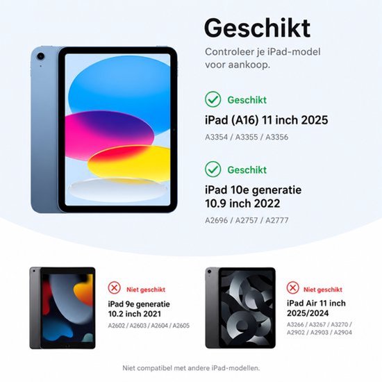 Aperçu de compatibilité de l'étui iPad : Convient pour iPad (A16) 11 pouces 2025 et 10.9 pouces 10e gén. 2022.