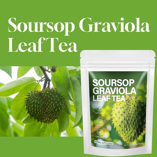 Verpakking Soursop Graviola Leaf Tea met een groene guanabana vrucht en tekst: 'Natural', 'Vegan', 'GMO Free'.