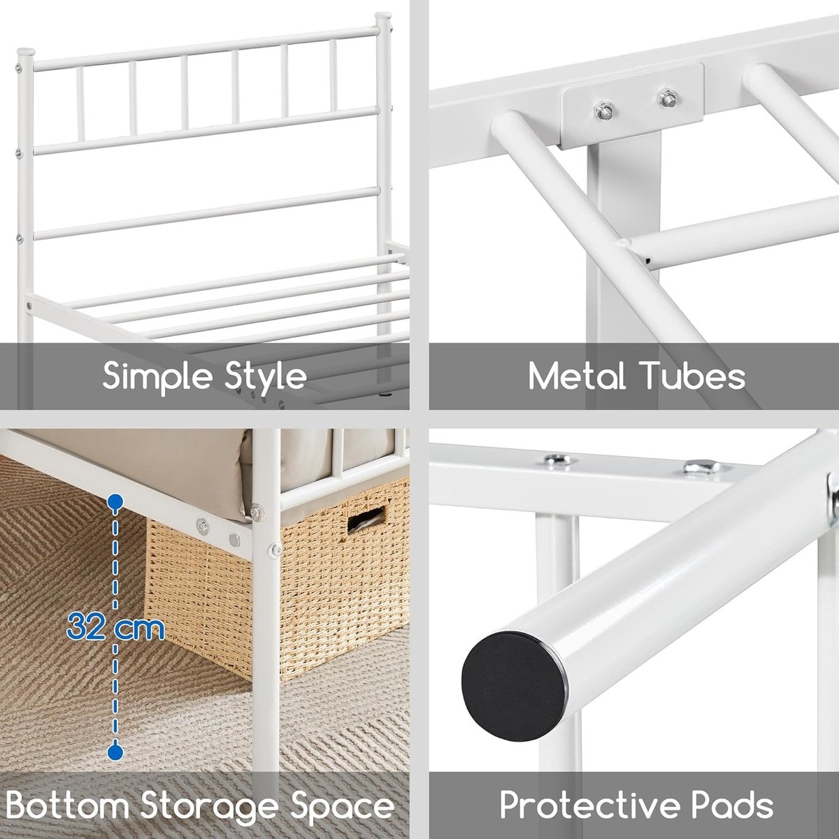 Eenpersoonsbed 90x200 cm – Stevig Metalen Frame – Wit – Medahomestore