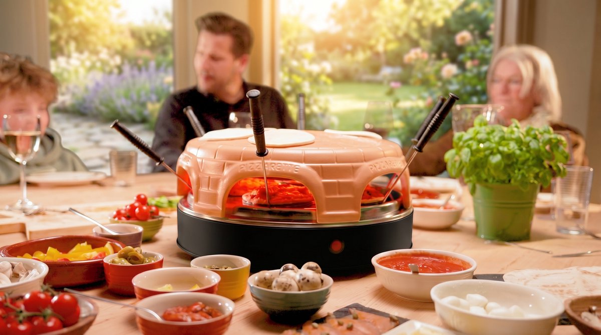 Emerio Pizzarette Origineel - 4 Persoons Pizza Oven - Pre-bake functie - Handgemaakte terracotta koepel - 4 Geïsoleerde bak spatels - RVS bakplaat - PO-115847.1 1000W – foto 5