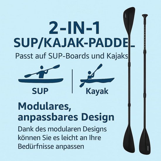 Water Sport Peddel - SUP Kajak Peddel - Wateravontuur - 2-in-1 Functie - 163-229 cm - Zwart — afbeelding 5