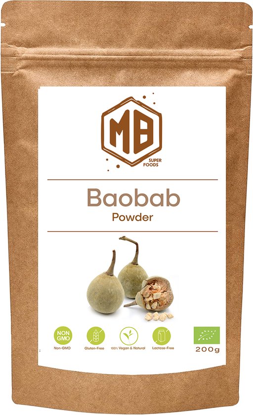 Bruine zak met een label met "MB SUPER FOODS" en een afbeelding van baobabvruchten, met de tekst "Baobab Powder".