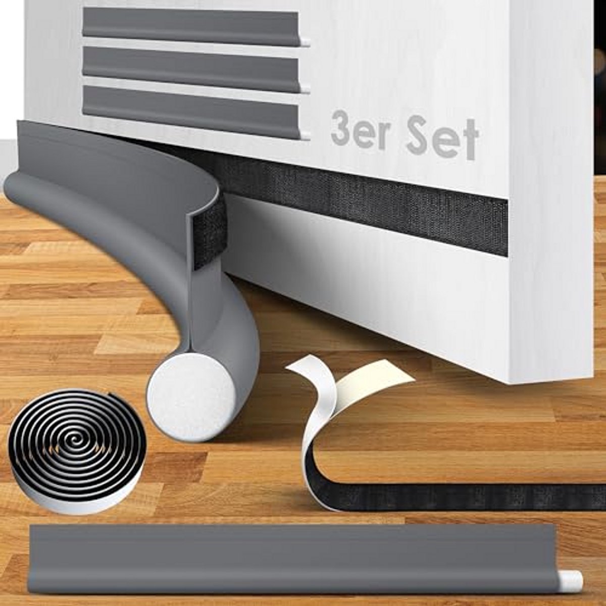 Tochtstopper Set - Deur Isolatie - Bespaar Energie - Op Maat Te Snijden - Tot 95 cm - Grijs