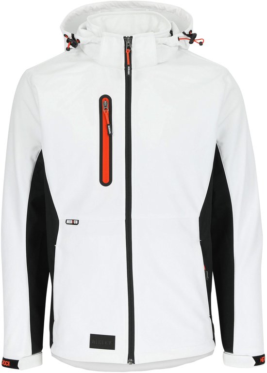 Witte softshell werkjas met zwarte zijpanelen en een oranje rits op de borstzak.