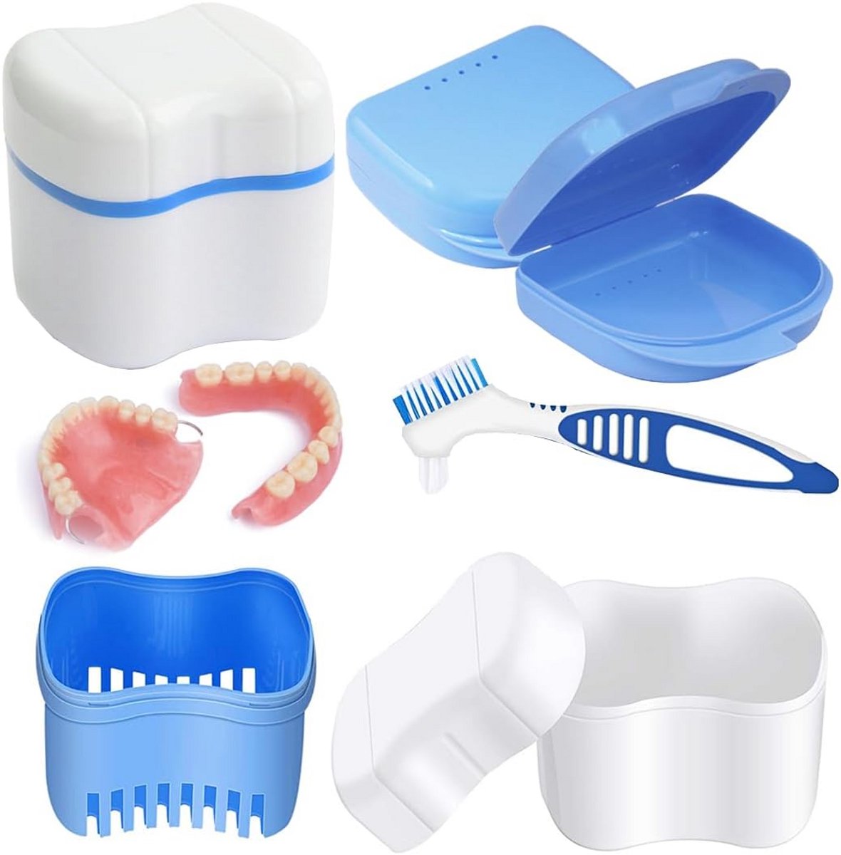 Prothese Box - Gebitsbakje Reiniger - Veilig Opbergen - Met Uitneembaar Mandje - 2 Stuks - Blauw
