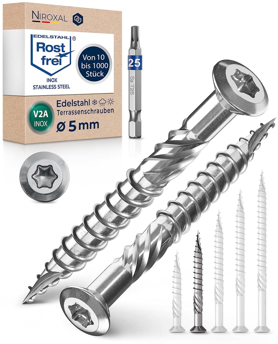 Schroeven Set - Houtschroeven Metaal - Terras Bouwen - Roestvrij Staal V2A - 500 Stuks 5x50mm - Zilverkleurig