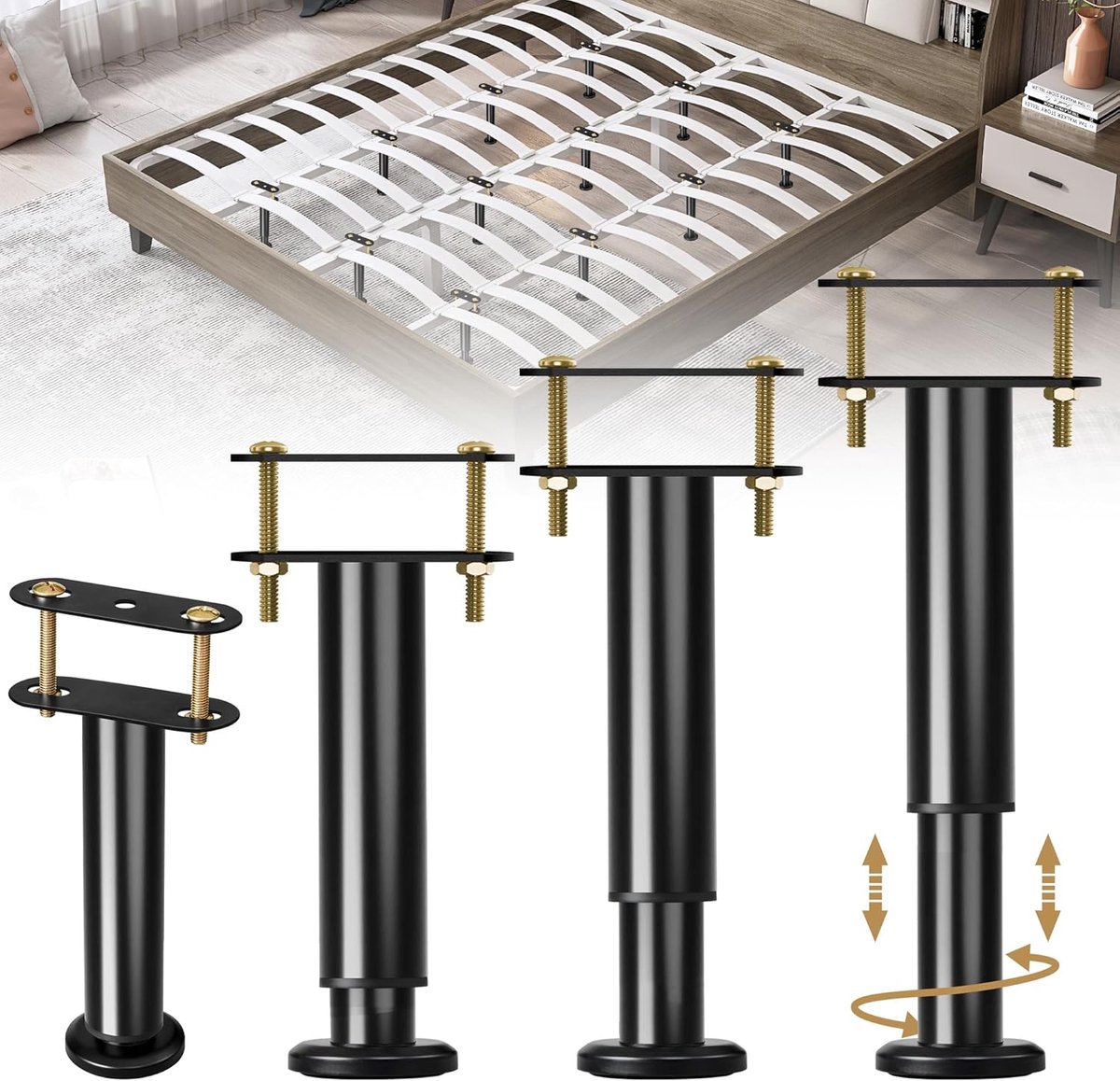 Bedframe steunpoten - Meubelsteun set - Bedframe verstevigen - Verstelbare hoogte - 4 stuks - Zwart