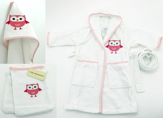 Set van 2 Babywashandjes Katoen met Roze Uil Borduurwerk — afbeelding 2