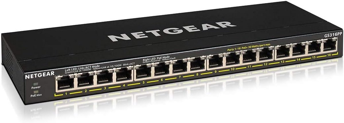 Netwerk Switch - Gigabit Hub - Apparaten Verbinden - 16 PoE+ Poorten - 183W Totaal - Zwart