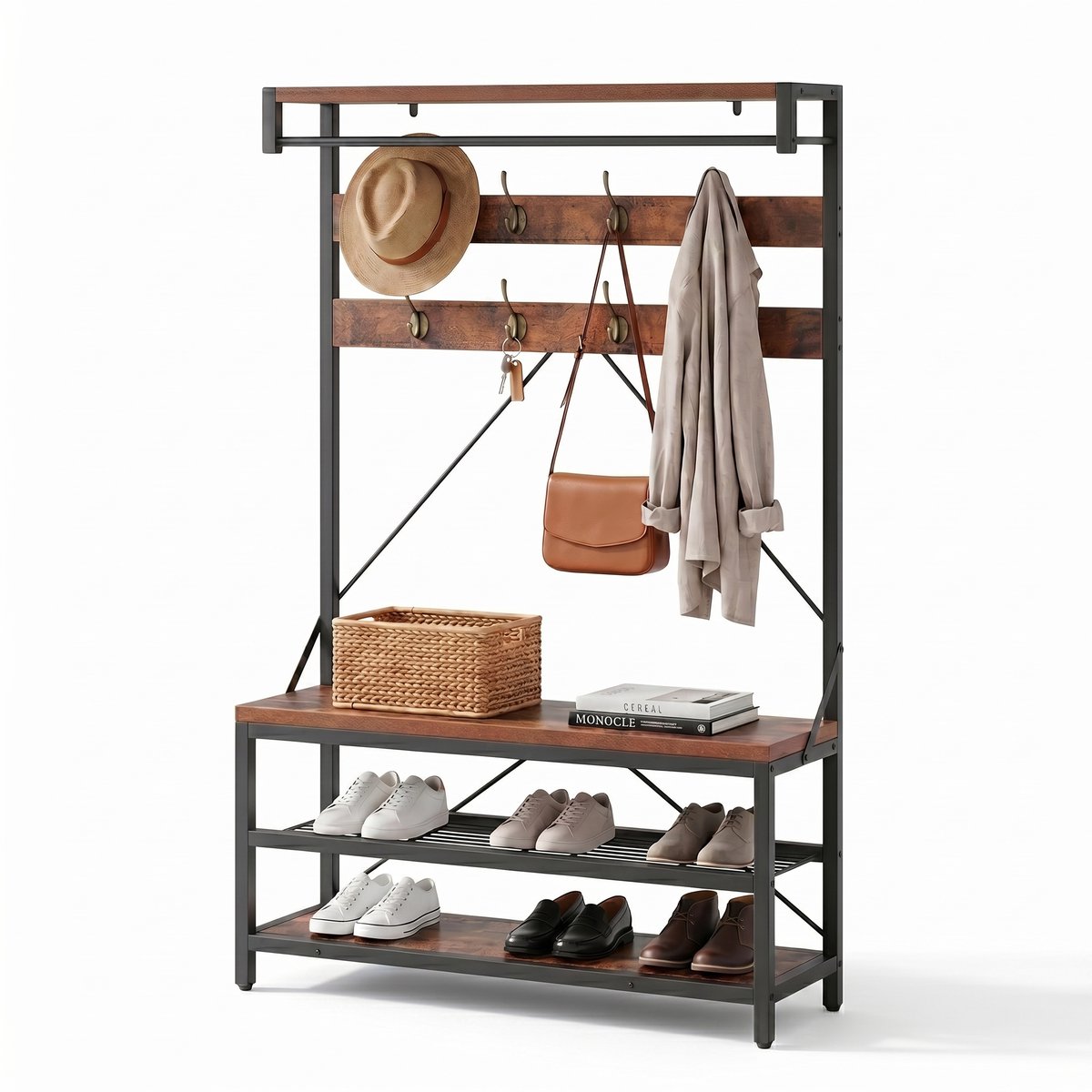 Aiverig® Kapstok met Schoenenrek – Bruin – Halmeubel & Garderoberek met Zitbank – Industriële Staande Kapstok met 8 Haken & 2 Schoenenplanken – Voor Hal & Entree – Bruin Hout & Zwart – 102×40×183 CM