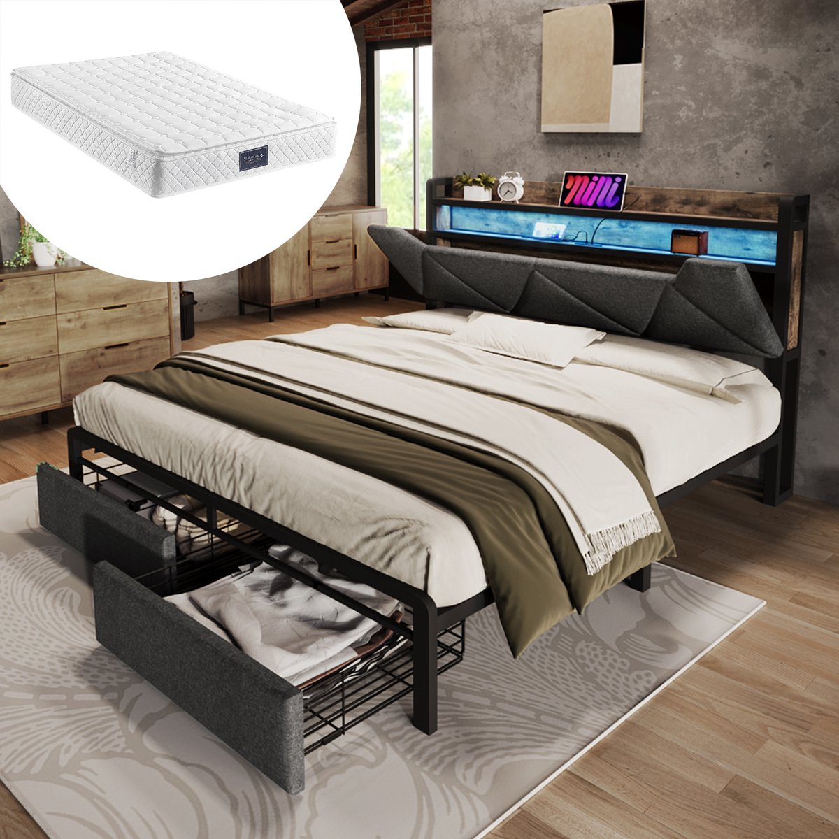 DESMIU Gestoffeerd Bed 140x200cm – Bed Met USB C Oplaadfunctie & Ledverlichting – Hoofdbord Met Opbergruimte – Met Lades – Voor Slaapkamer – Linnen – Grijs – Met Matras