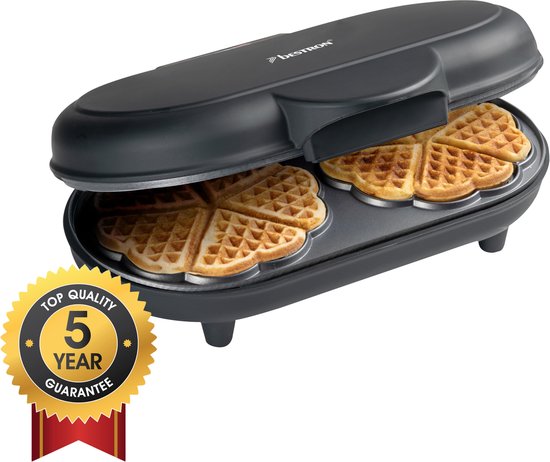Zwart wafelijzer met 5 jaar garantie, maakt 2 hartvormige wafels.