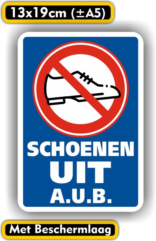 Blauwe sticker met schoen-verbodssymbool en tekst "SCHOENEN UIT A.U.B.", 13x19cm, met beschermlaag