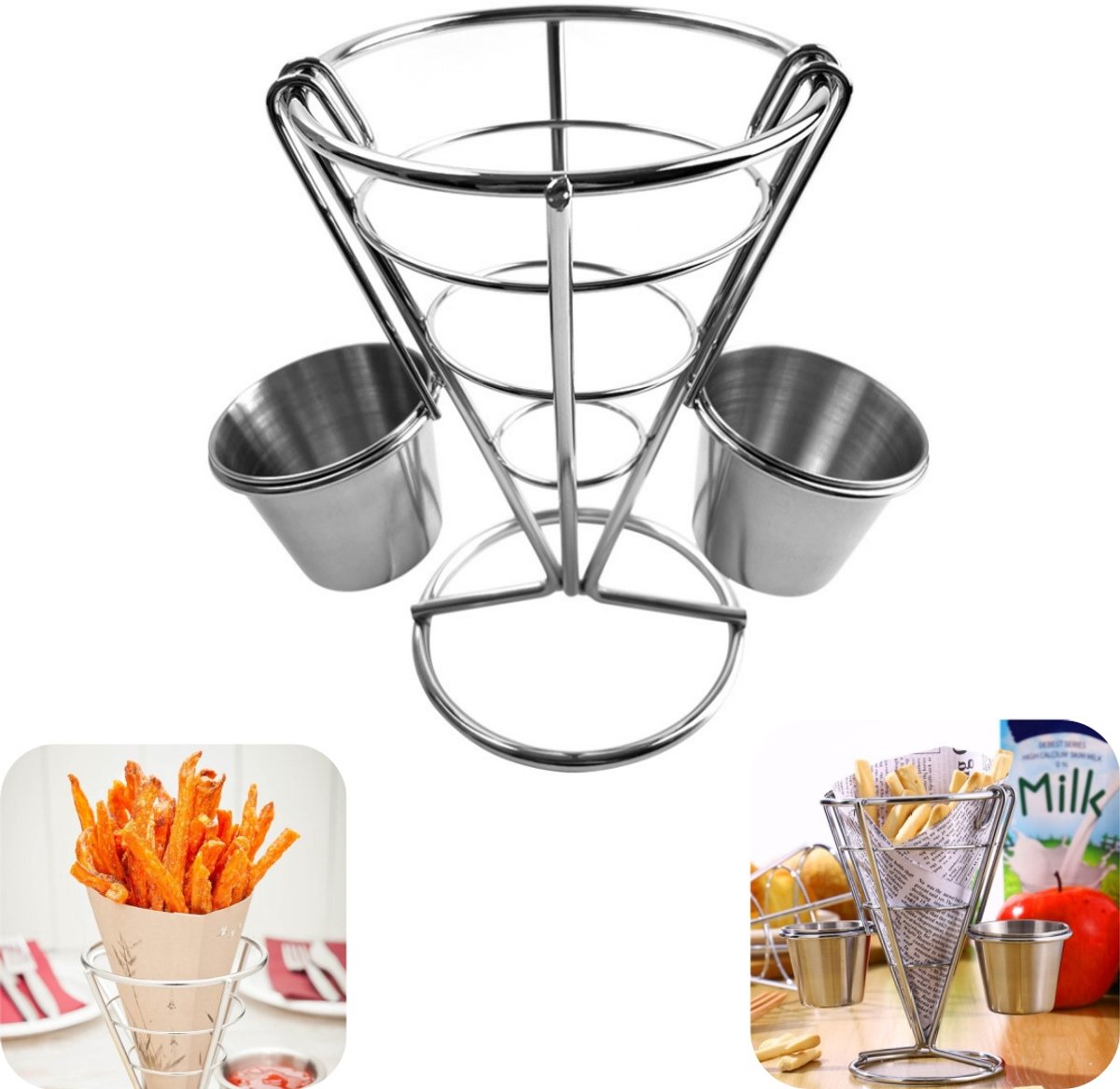 Gefrituurde mand set - snackrek - frietrekmrek - sauskom - gefrituurde kip displayrek - metalen rek - vaatwasmachinebestendig - herbruikbaar - op te hangen - geschikt voor restaurants, kiprestaurants, keuken, fastfoodrestaurants (zilver, 10,5*14 cm)