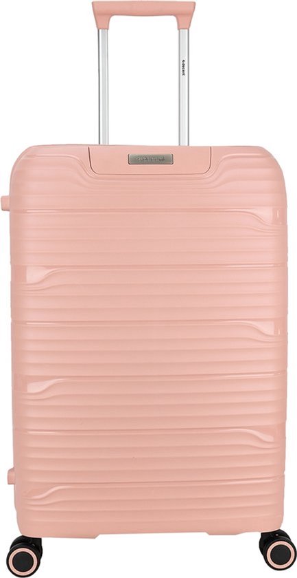 Roze koffer met ribbelpatroon, handvat en wielen.