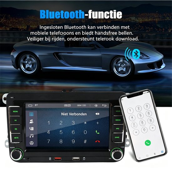 Multimedia autoradio met Bluetooth-functie, naast een smartphone die een autosportwagen toont.