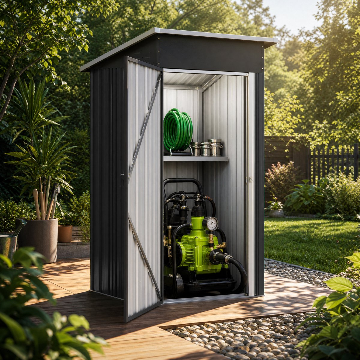 Froadp 3 x 3FT Zwart metalen opbergschuurtje voor buiten — Met schuifdeuren en vergrendeling — Inclusief montagemateriaal — Ideaal voor het opbergen van tuingereedschap, fietsen en zwembadbenodigdheden